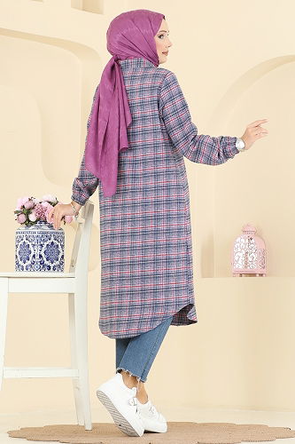 moda selvim Kare Desenli Ekose Tunik 3068KTR750 Lila - Thumbnail