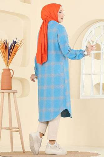 moda selvim Kare Desenli Ekose Tunik 3068KTR750 Mavi - Thumbnail