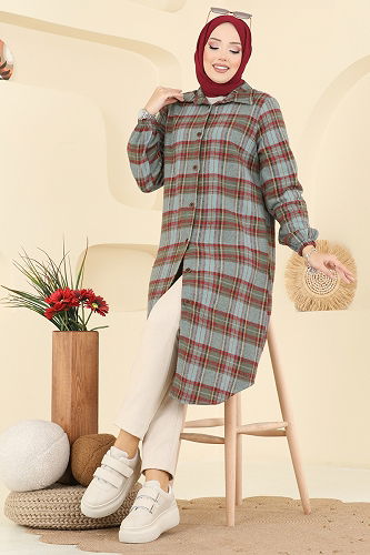 moda selvim Kare Desenli Ekose Tunik 3068KTR750 Mint - Thumbnail