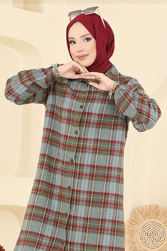 moda selvim Kare Desenli Ekose Tunik 3068KTR750 Mint - Thumbnail