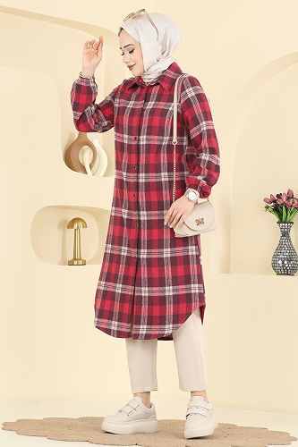 moda selvim Kare Desenli Ekose Tunik 3068KTR750 Mürdüm - Thumbnail