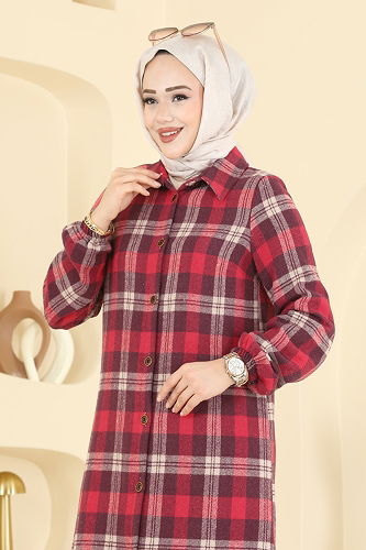 moda selvim Kare Desenli Ekose Tunik 3068KTR750 Mürdüm - Thumbnail