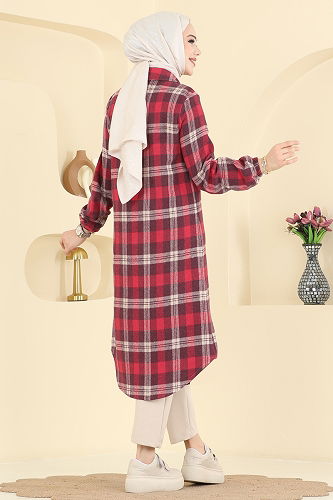 moda selvim Kare Desenli Ekose Tunik 3068KTR750 Mürdüm - Thumbnail