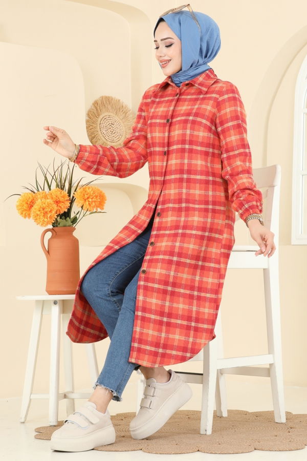 Modaselvim Tunik Kare Desenli Ekose Tunik 3068KTR750 Oranj