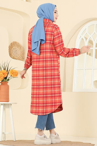 moda selvim Kare Desenli Ekose Tunik 3068KTR750 Oranj - Thumbnail