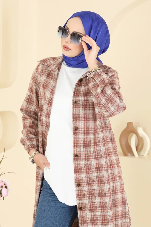 Modaselvim Tunik Kare Desenli Ekose Tunik 3068KTR750 Somon