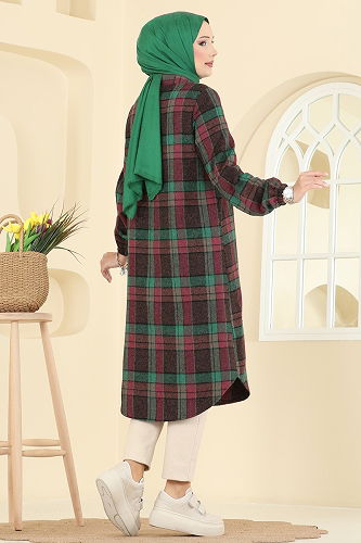 moda selvim Kare Desenli Ekose Tunik 3068KTR750 Zümrüt - Thumbnail