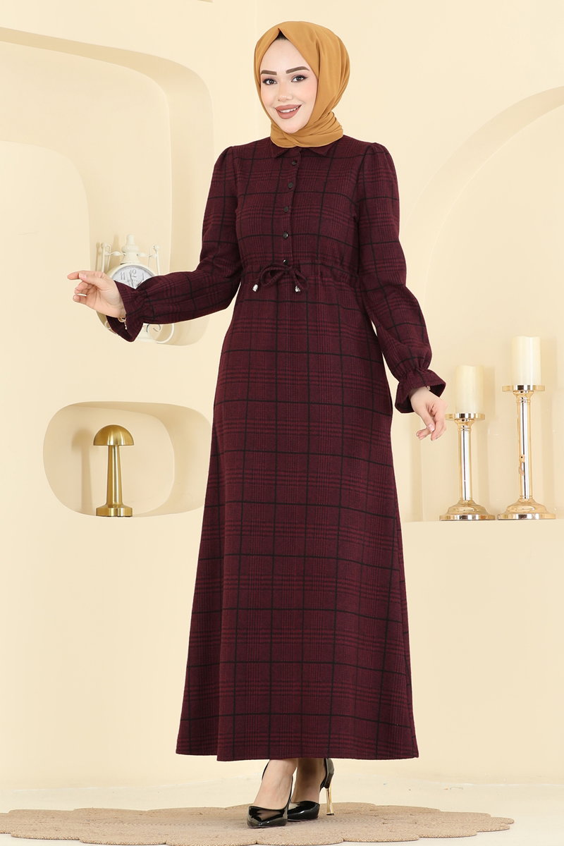 Kare Desenli Rahat Elbise 24092UKBK1160 Bordo