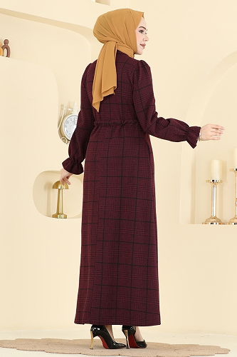 moda selvim Kare Desenli Rahat Elbise 24092UKBK1160 Bordo - Thumbnail
