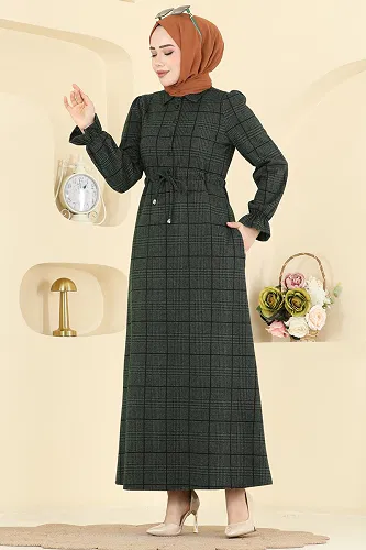 moda selvim Kare Desenli Rahat Elbise 24092UKBK1160 Haki - Thumbnail