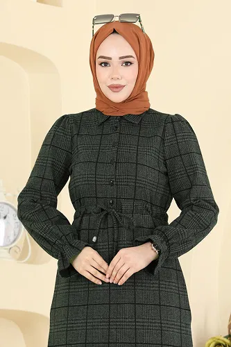 moda selvim Kare Desenli Rahat Elbise 24092UKBK1160 Haki - Thumbnail