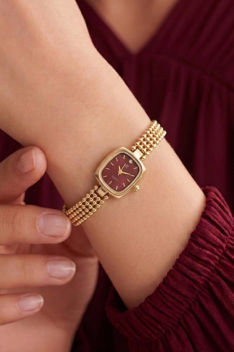 moda selvim Kare Detaylı Zarif Saat 8905CLSK1184 Gold&Bordo - Thumbnail