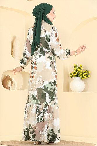 moda selvim Karışık Desenli Modal Elbise 160NZRK1200 Haki - Thumbnail