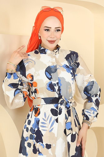 moda selvim Karışık Desenli Modal Elbise 160NZRK1200 Mavi - Thumbnail