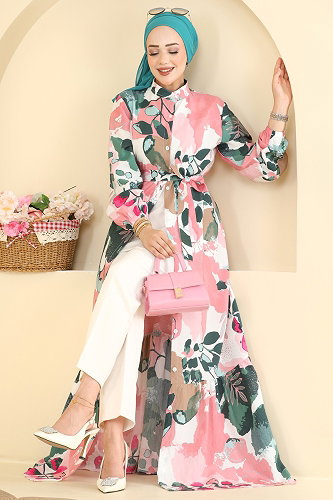 moda selvim Karışık Desenli Modal Elbise 160NZRK1200 Pembe - Thumbnail