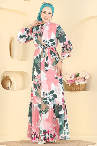 moda selvim Karışık Desenli Modal Elbise 160NZRK1200 Pembe - Thumbnail
