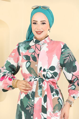 moda selvim Karışık Desenli Modal Elbise 160NZRK1200 Pembe - Thumbnail