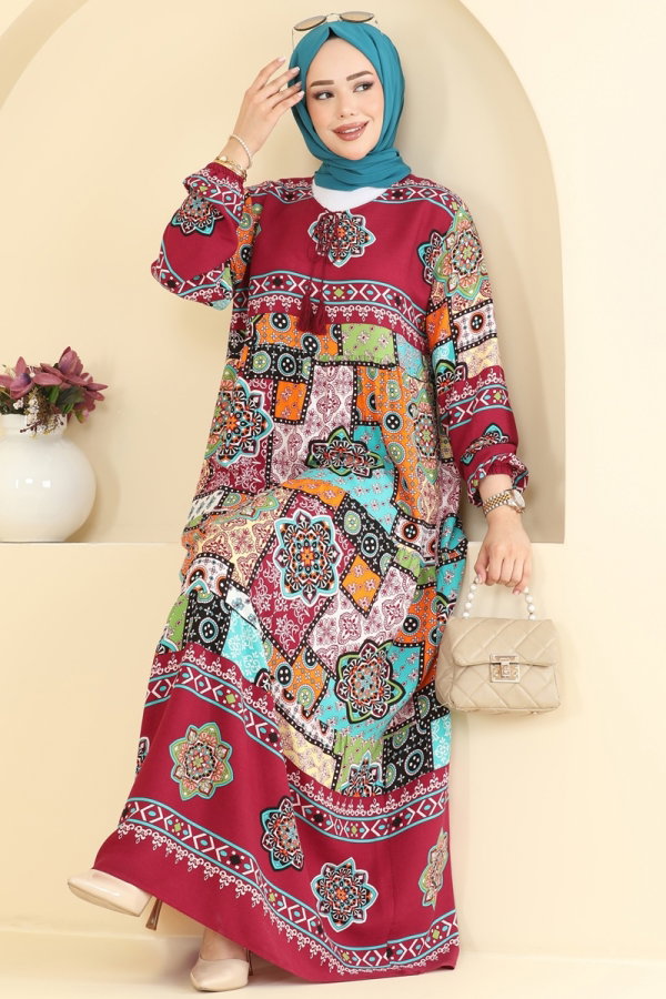Modaselvim Elbise Karışık Desenli Viskon Elbise 5578ZNNK1102 Bordo