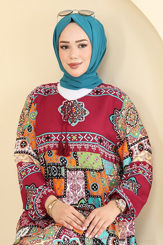 moda selvim Karışık Desenli Viskon Elbise 5578ZNNK1102 Bordo - Thumbnail