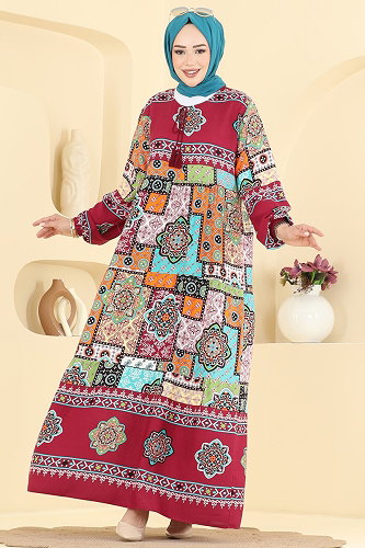 moda selvim Karışık Desenli Viskon Elbise 5578ZNNK1102 Bordo - Thumbnail