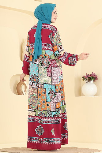 moda selvim Karışık Desenli Viskon Elbise 5578ZNNK1102 Bordo - Thumbnail