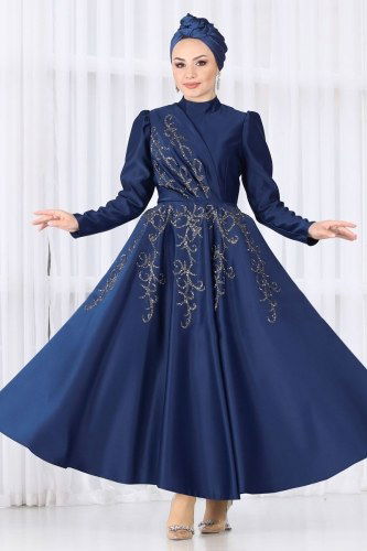 moda selvim Drapeli Saten Midi Abiye 6435YG95 Laci - Thumbnail