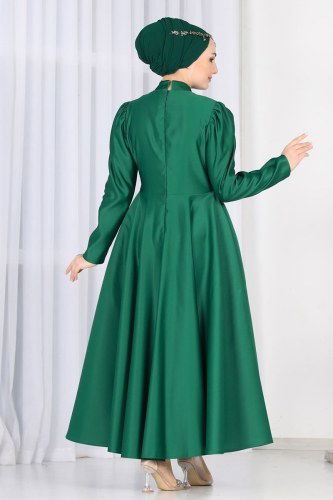 moda selvim Drapeli Saten Midi Abiye 6435YG95 Zümrüt - Thumbnail