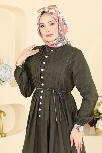 moda selvim Kat Detaylı Kot Elbise 111ZNE1011 Haki - Thumbnail