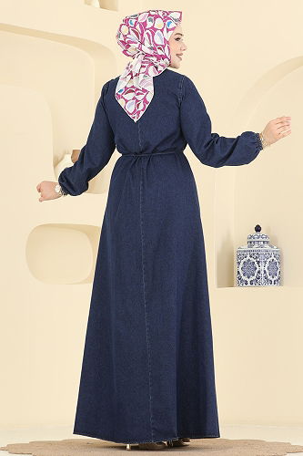 moda selvim Kat Detaylı Kot Elbise 111ZNE1011 Koyu Kot - Thumbnail