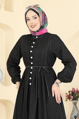 moda selvim Kat Detaylı Kot Elbise 111ZNE1011 Siyah - Thumbnail