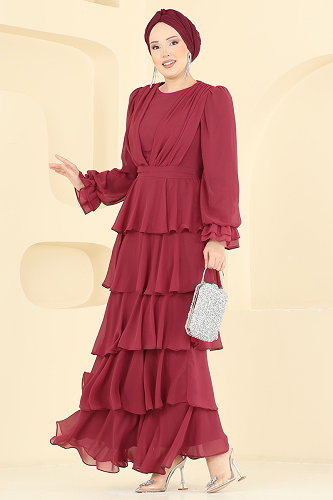 moda selvim Kat Kat Şifon Abiye 5652DMNK1166 Bordo - Thumbnail