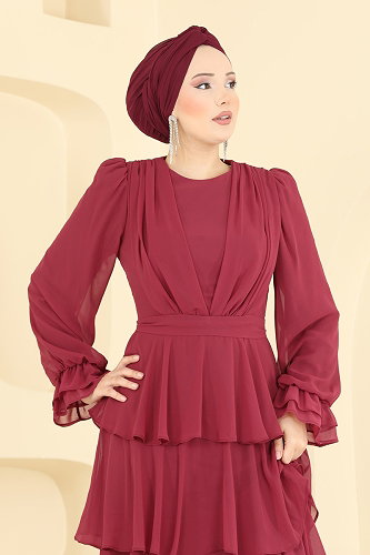 moda selvim Kat Kat Şifon Abiye 5652DMNK1166 Bordo - Thumbnail