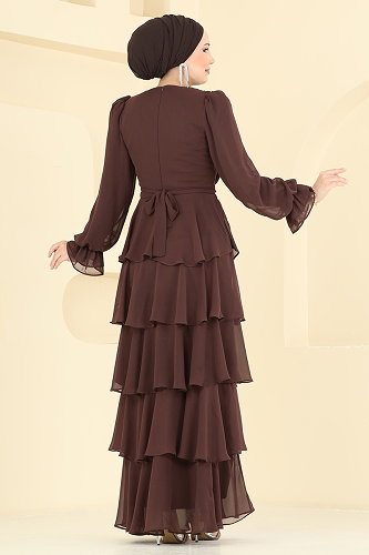 moda selvim Kat Kat Şifon Abiye 5652DMNK1166 Kahve - Thumbnail