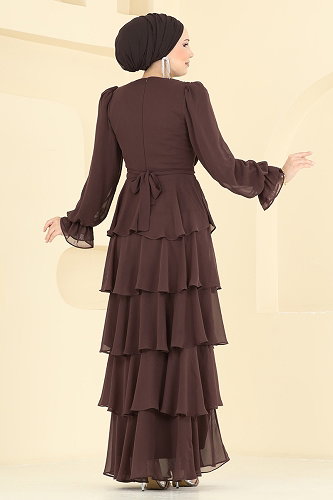 moda selvim Kat Kat Şifon Abiye 5652DMNK1166 Kahve - Thumbnail