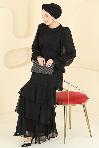 moda selvim Kat Kat Şifon Abiye 5652DMNK1166 Siyah - Thumbnail