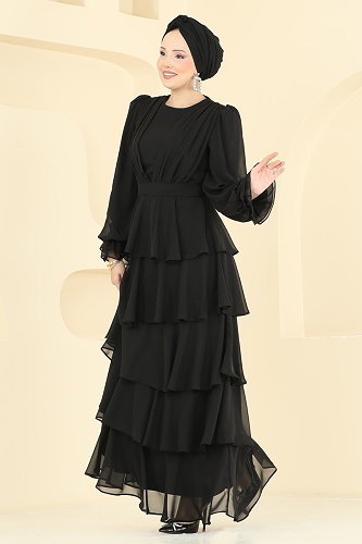 moda selvim Kat Kat Şifon Abiye 5652DMNK1166 Siyah - Thumbnail