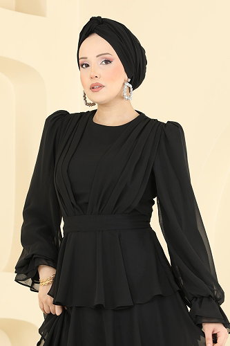 moda selvim Kat Kat Şifon Abiye 5652DMNK1166 Siyah - Thumbnail