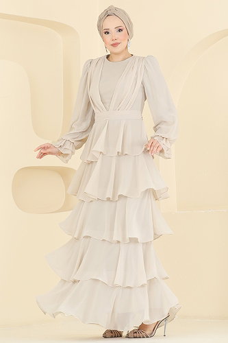 moda selvim Kat Kat Şifon Abiye 5652DMNK1166 Taş - Thumbnail