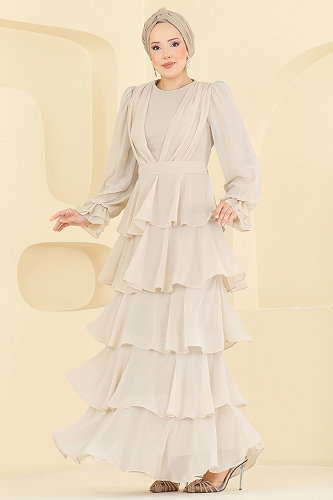moda selvim Kat Kat Şifon Abiye 5652DMNK1166 Taş - Thumbnail