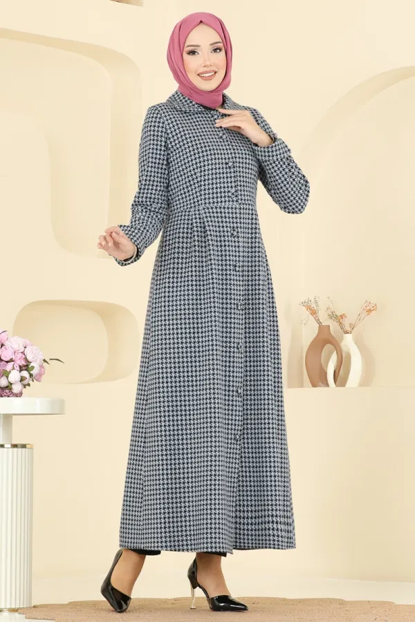 Modaselvim Elbise Kazayağı Desenli Gömlek Yaka Elbise 5081ERK1158 Bebe Mavisi