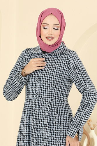 moda selvim Kazayağı Desenli Gömlek Yaka Elbise 5081ERK1158 Bebe Mavisi - Thumbnail