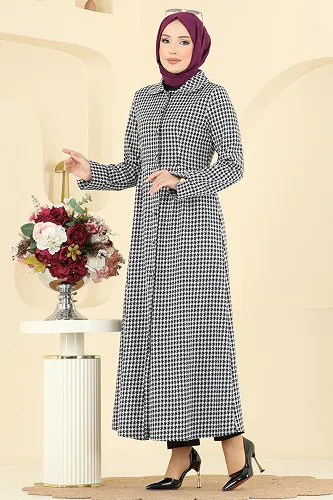 moda selvim Kazayağı Desenli Gömlek Yaka Elbise 5081ERK1158 Ekru - Thumbnail