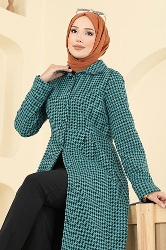 moda selvim Kazayağı Desenli Gömlek Yaka Elbise 5081ERK1158 Turkuaz - Thumbnail