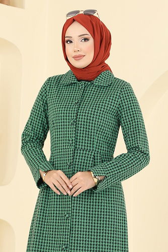 moda selvim Kazayağı Desenli Gömlek Yaka Elbise 5081ERK1158 Yeşil - Thumbnail