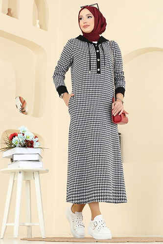 moda selvim Kazayağı Desenli Tesettür Elbise 4135PM271 Siyah - Thumbnail