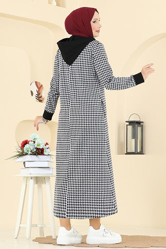 moda selvim Kazayağı Desenli Tesettür Elbise 4135PM271 Siyah - Thumbnail