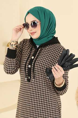 moda selvim Kazayağı Desenli Tesettür Elbise 4135PM271 Vizyon - Thumbnail