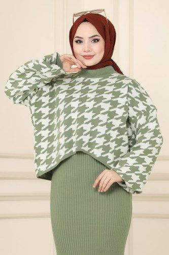 moda selvim Kazayağı Desenli Triko Takım 744MT581 Mint - Thumbnail