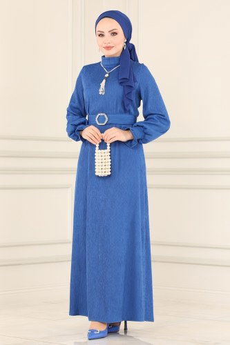 moda selvim Kemerli Tesettür Elbise 5157AL357 Saks - Thumbnail