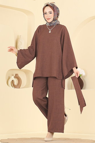 moda selvim Kemer Detaylı 2 li Takım 24048UKBK1160 Açık Kahve - Thumbnail